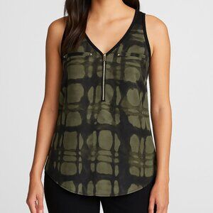Express Women’s Sleeveless Zip Front Tank Top M Black Green Tie Dye Pattern